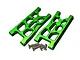 Two green anodized aluminium rear lower suspension arms for an RC car, accompanied by four small metal screws on a white background.