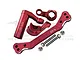 GPM Racing red aluminium steering assembly set with servo saver components, including metal links, screws, and nuts on a white background.