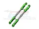Two GPM Racing green anodised aluminium adjustable steering linkages with silver metal shafts, shown against a white background with a faint logo.