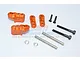 GPM Racing orange aluminium front adjustable shock mounts set with screws and pins on a white background.