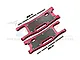 Two red anodized aluminium RC rear lower suspension arms with carbon fibre protection plates and included screws on a white background.
