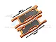 Two orange anodized aluminium RC rear lower suspension arms with carbon fibre protection plates and included mounting hardware.