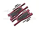 Two red anodized aluminium RC front lower suspension arms with carbon fibre plates and included mounting hardware.