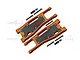 A pair of orange anodized aluminium front lower suspension arms with carbon fibre plates and mounting hardware for an RC car.