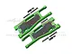 A pair of green anodized aluminium RC front lower suspension arms with carbon fibre protection plates and included mounting screws.
