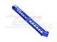 A blue anodized aluminium rear chassis brace by GPM Racing, featuring a series of weight-reduction holes and laser-etched branding.