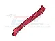 A red anodized aluminium front chassis brace for RC cars by GPM Racing, featuring machined details and engraved text on a white background.