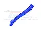 A blue anodized aluminium front chassis brace by GPM Racing, featuring machined details and engraved text on a white background.