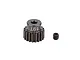 A Factory Team 19T pinion gear made of dark grey aluminium, shown with its accompanying grub screw on a white background.