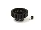 A black aluminium 28T pinion gear with a small grub screw next to it on a white background.