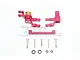 GPM Racing red aluminium steering bellcrank set with servo saver components, including screws and spacers, on a white background.