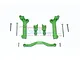 GPM Racing green aluminium front shock tower set for RC cars, including mounting brackets, a cross brace, and various screws on a white background.