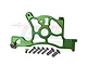 A green anodized aluminium rear spur gear cover mount for an RC car, shown with a set of included mounting screws against a white background.