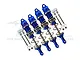 A set of four blue anodized aluminium adjustable RC shock absorbers by GPM Racing with included mounting hardware.