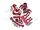 A set of red anodized aluminium RC car steering and hub components including steering knuckles, C-hubs, and hardware on a white background.