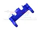 A blue anodized aluminium servo mount for RC cars by GPM Racing, featuring laser-etched branding and material specifications.