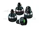 Four black aluminium shock caps by GPM Racing for RC cars, featuring a metallic finish and engraved branding.