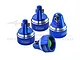 Four blue anodized aluminium shock caps for RC cars by GPM Racing, displayed on a white background.