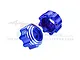 Two blue anodized aluminium wheel hex adapters for RC cars, featuring machined silver accents and GPM Racing branding.