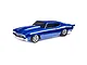 A blue Losi 1970 Chevelle No Prep RC drag car viewed from a high angle against a white background.