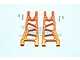 Two orange anodized aluminium front lower suspension arms for an RC car, shown with four small metal screws on a white background.