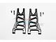 Two black aluminium front lower suspension arms for an RC car, accompanied by four small metal screws, set against a white background.