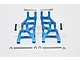 A pair of blue anodized aluminium front suspension arms for an RC car, including metal pins and E-clips, displayed on a white background.
