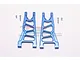 A pair of blue anodized aluminium front lower suspension arms for an RC car, including four small metal screws, set against a white background.