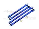Four blue anodized aluminium RC chassis linkages from GPM Racing, featuring metal pivot balls and engraved 7075 markings.