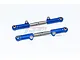 Two blue aluminium adjustable turnbuckles with silver metal hardware on a white background.