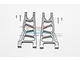 A pair of grey aluminium front lower suspension arms for an RC car, shown with four small metal screws on a plain white background.