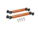 Two orange aluminium RC driveshafts with black universal joints and four small metal grub screws on a white background.