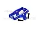 A blue anodized aluminium servo mount for an RC car, featuring the GPM Racing logo and 7075 engraving, accompanied by two black mounting screws.