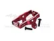 GPM Racing red anodised aluminium servo mount for RC vehicles with two black mounting screws on a white background.