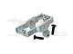 A silver aluminium GPM Racing servo mount for an RC car, shown with two black mounting screws on a white background.