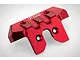 A red anodized aluminium rear bumper for an RC car by GPM Racing, featuring machined details and engraved text on a white background.