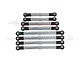 A set of eight silver aluminium RC turnbuckles with black plastic rod ends arranged on a white background.