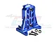 A blue anodized aluminium GPM Racing back motor mount for RC cars, shown with two black screws and two metal washers on a white background.