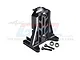 A black GPM Racing aluminium back motor mount for RC cars, shown with two mounting screws and two washers on a white background.