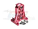 A red anodized aluminium motor mount for an RC car, featuring a CNC-machined design with included screws and washers, set against a white background.
