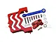 GPM Racing red aluminium servo mount and 25T servo horn set with blue steering link and various screws on a white background.