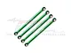 Four green anodized aluminium suspension linkages with ball ends, arranged diagonally against a GPM Racing logo background.