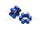 Two blue anodized aluminium 24mm wheel hex adapters for RC cars, featuring a six-spoke design and GPM branding.