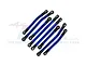 A set of blue anodized aluminium suspension links for an RC car, featuring black plastic rod ends with metal pivot balls, arranged diagonally.