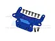 A blue anodized aluminium rear lower gearbox mount for an RC car by GPM Racing, shown with several small silver mounting screws.