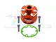GPM Racing orange anodized aluminium differential case with four mounting screws and a green gasket on a white background.