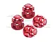 Four red anodized aluminium wheel nuts for RC cars, featuring GPM Racing branding and 7075 alloy marking.