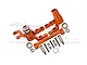 GPM Racing orange anodized aluminium steering bell crank and drag link assembly for RC cars, including bearings, screws, and nuts.