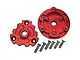 GPM Racing red anodised aluminium transmission cush drive housing set with mounting screws on a white background.