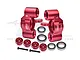 A pair of red anodized aluminium RC steering hubs by GPM Racing, including bearings, screws, and spacers on a white background.